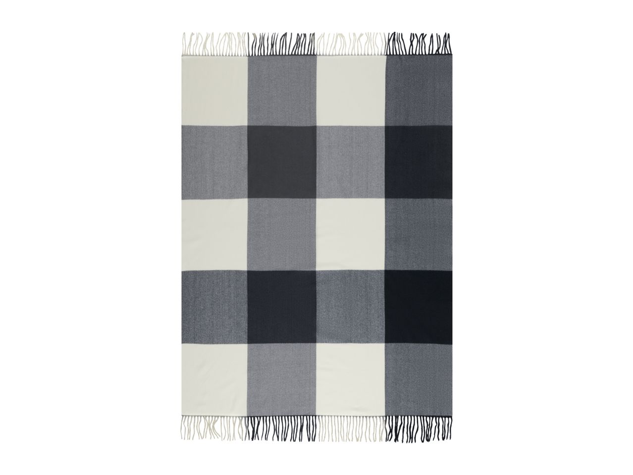 Black, grey, and white checkered blanket with fringe