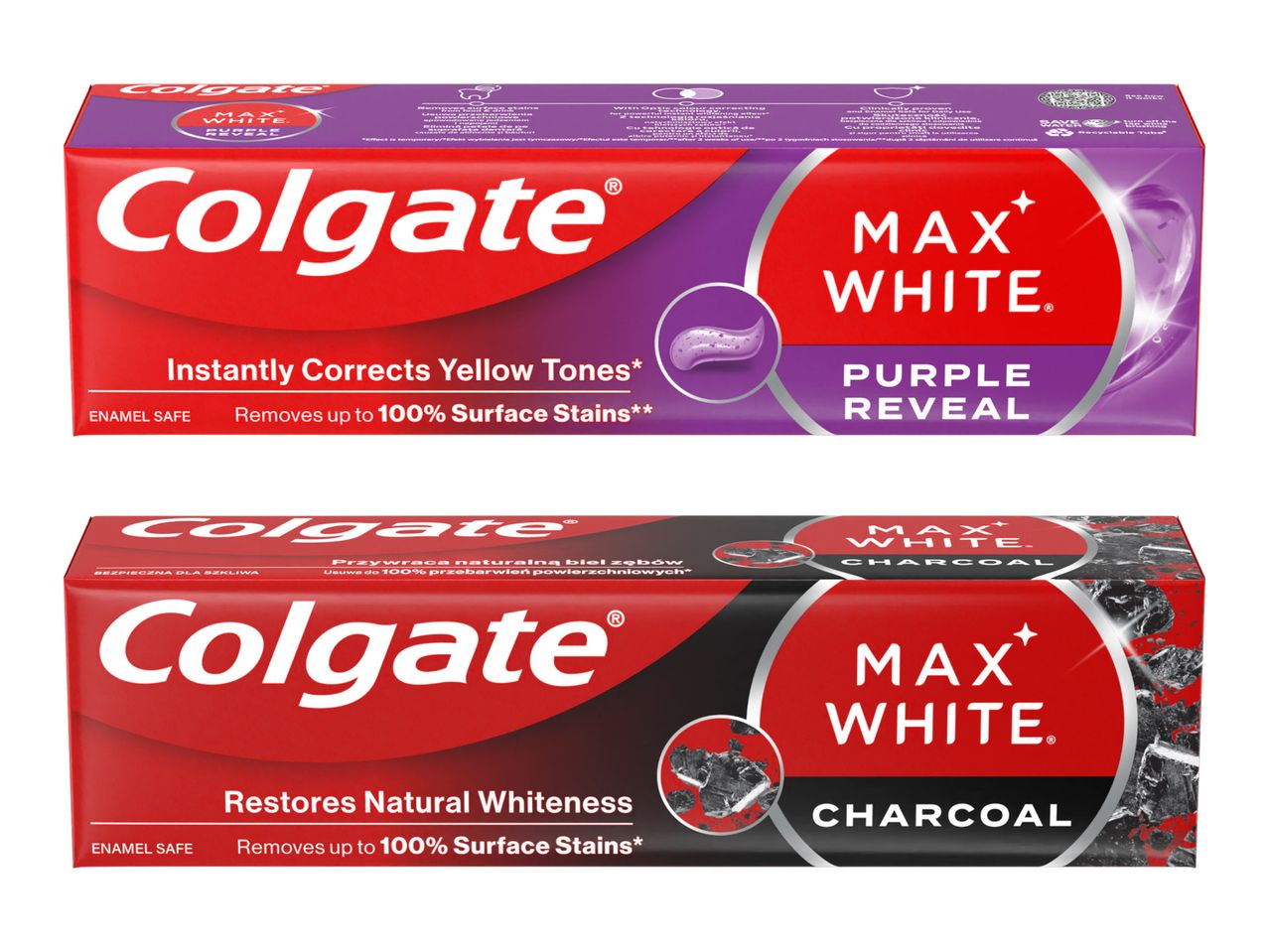 Două cutii de pastă de dinți Colgate Max White, una Purple Reveal și una Charcoal.