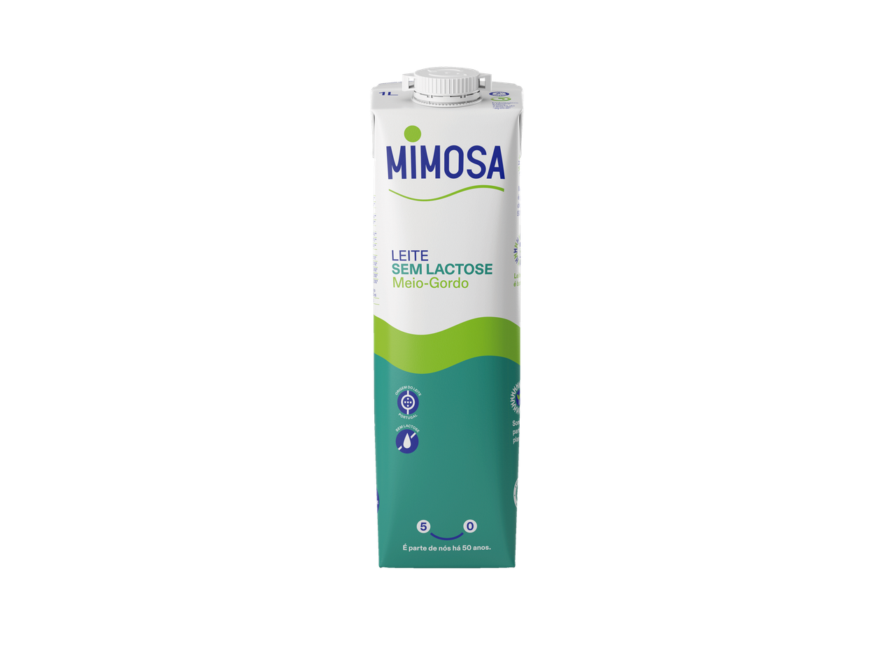 Carton de Leite Mimosa Meio-Gordo Sem Lactose com design verde e branco.