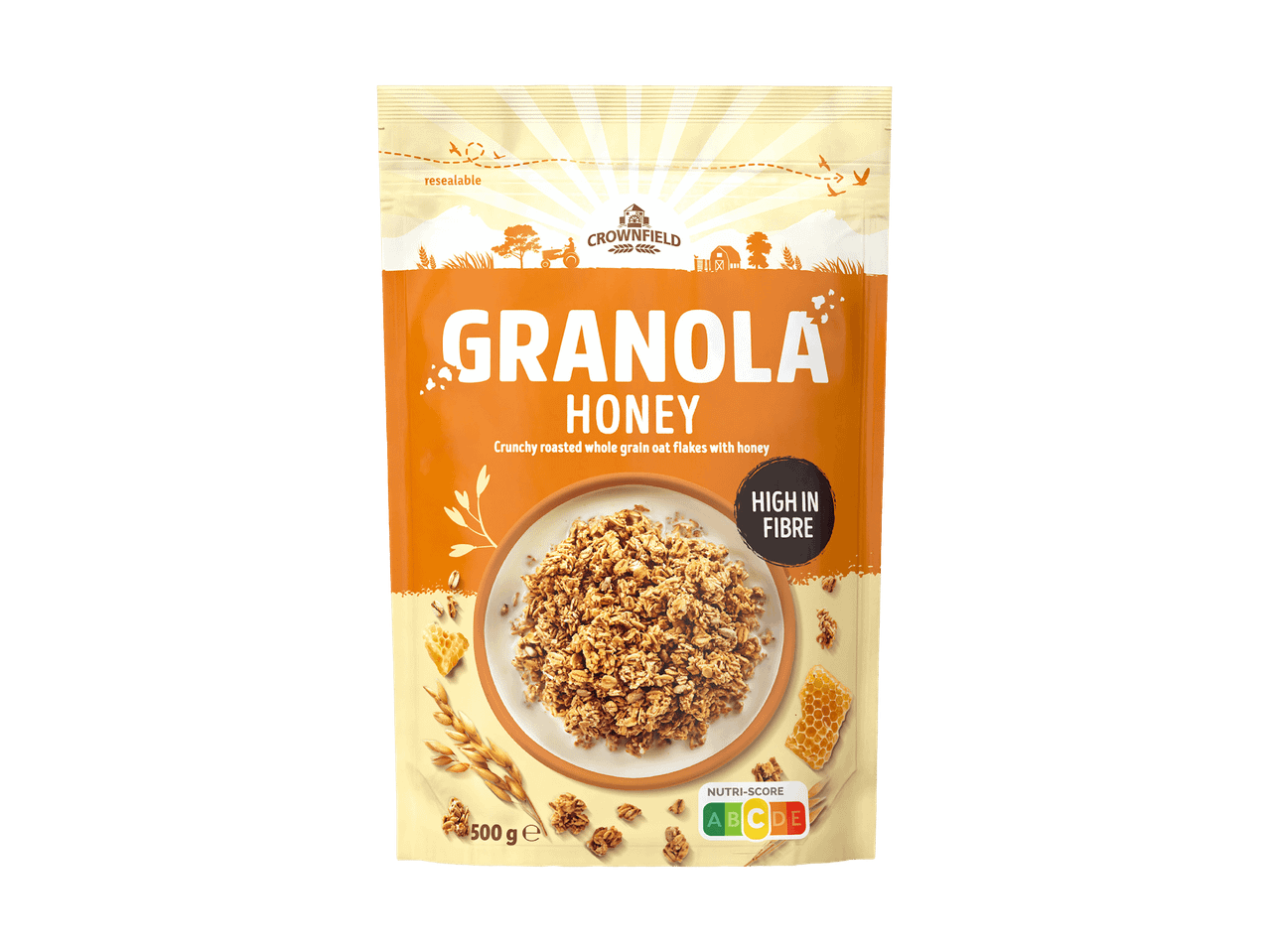 Beutel mit Honig-Granola, ballaststoffreich, mit Nutri-Score B.