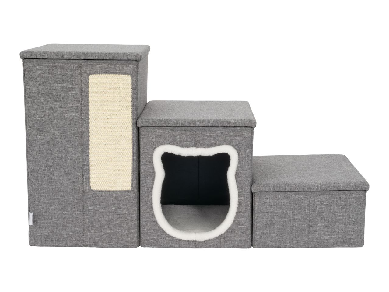 Grey three-step pet stairs with a built-in cat cave and scratching pad