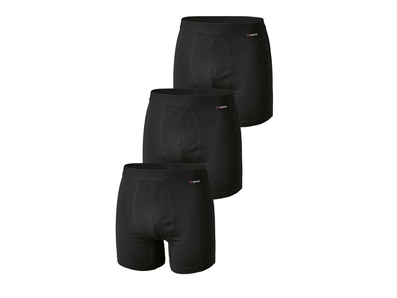 Three black Parkside men's boxer shorts are stacked on top of each other.