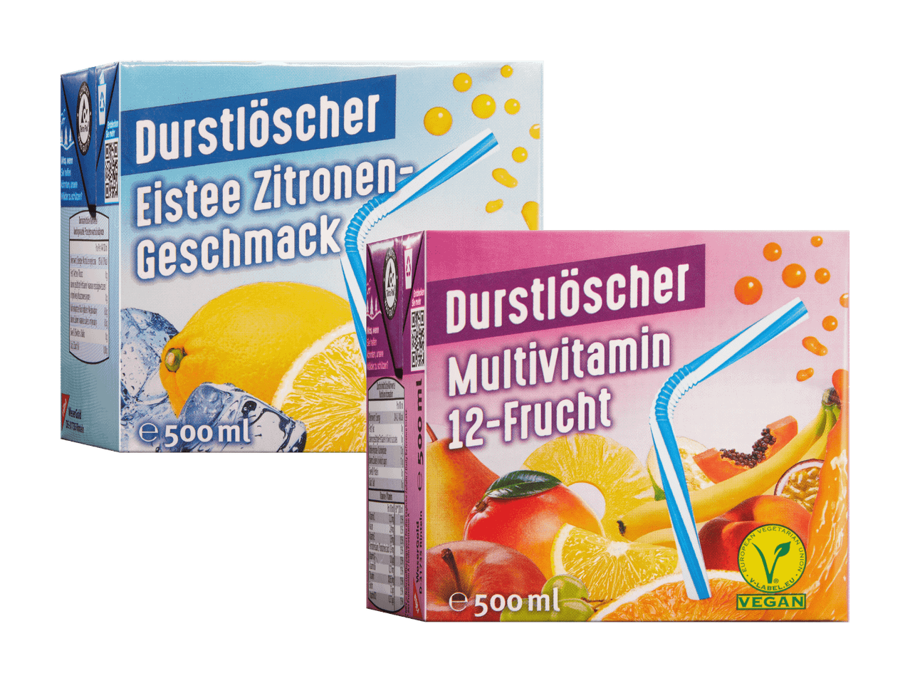 Zwei Packungen Durstlöscher Getränkepulver, Zitrone und Vitamin Mix.