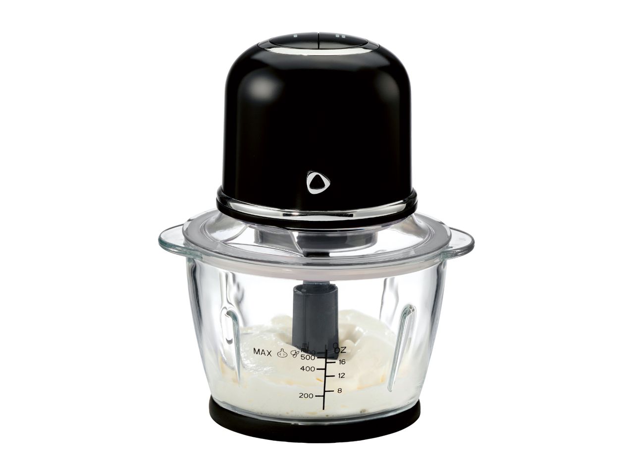 Electric food chopper with a glass bowl containing whipped cream