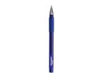 Blue gel pen with a textured grip and a silver tip, standing upright.