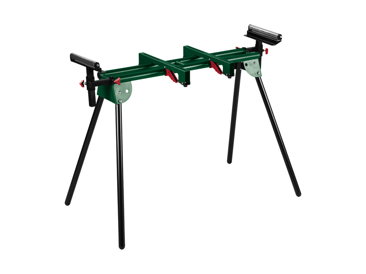 Supporto per sega troncatrice verde e nero con rulli di supporto e gambe pieghevoli.