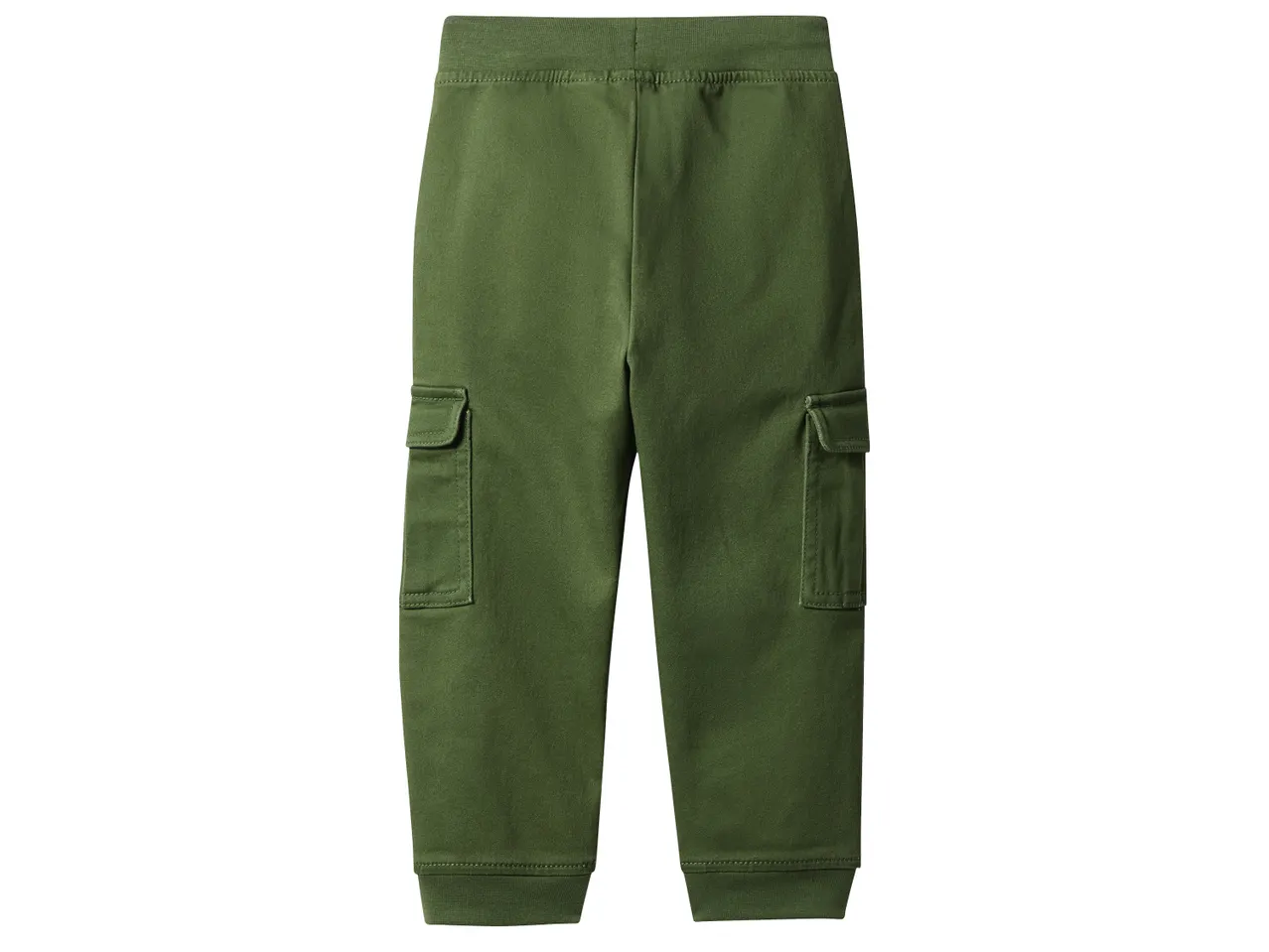 Зелен детски карго панталон с ластик на талията и глезените.