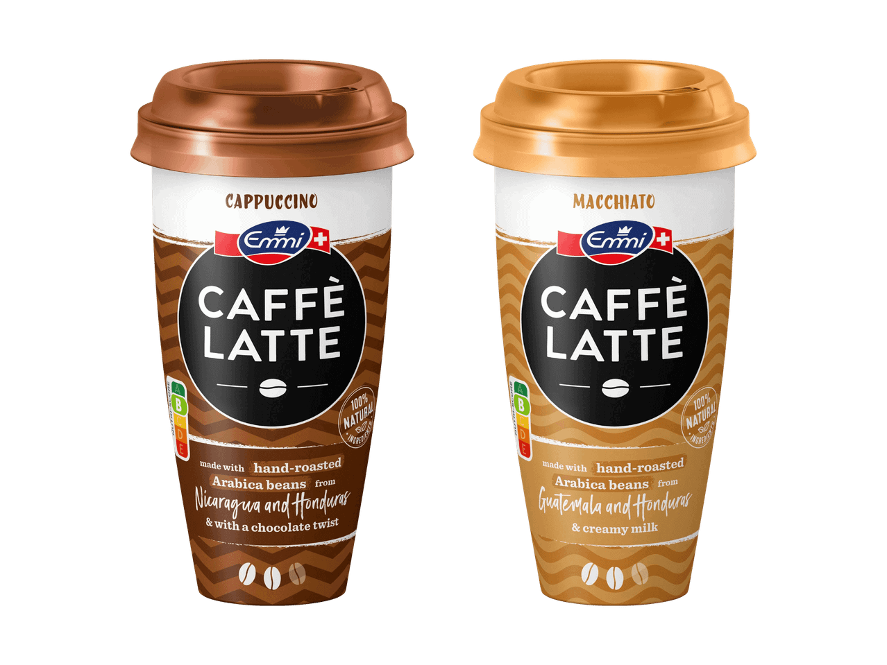Zwei Caffè Latte Becher, einer Cappuccino mit Schokoladennote, der andere Macchiato mit cremiger Milch.
