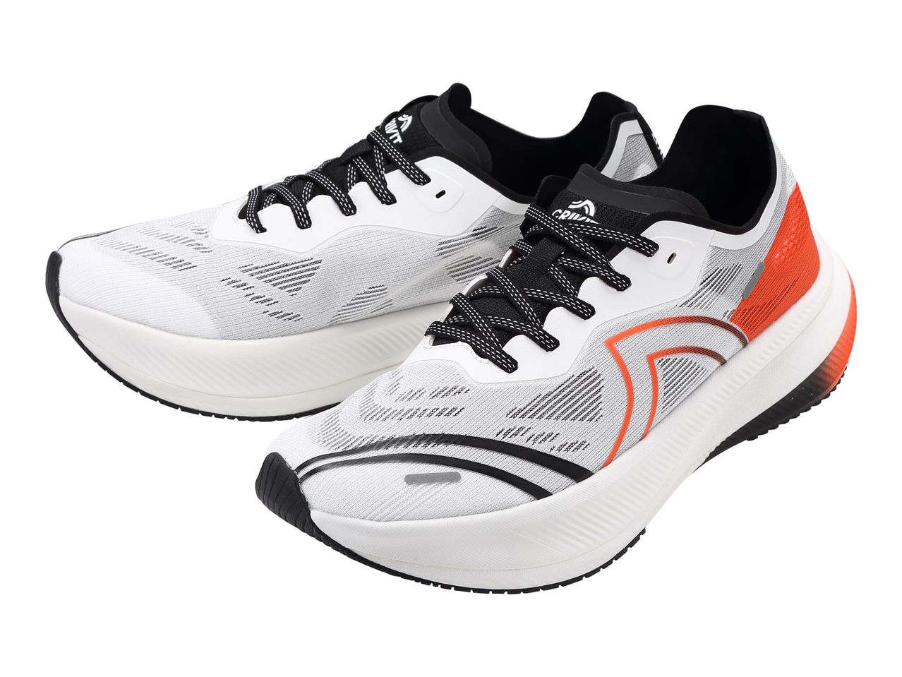 Pair of white and orange running shoes with black laces