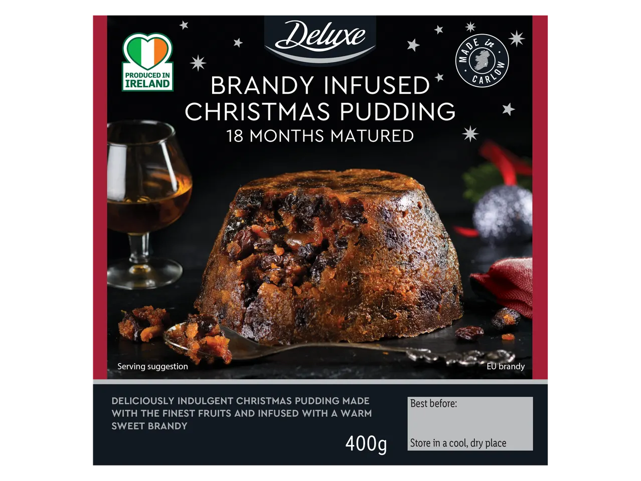 Deluxe Brandy Infused Christmas Pudding, 18 months matured, with a glass of brandy.