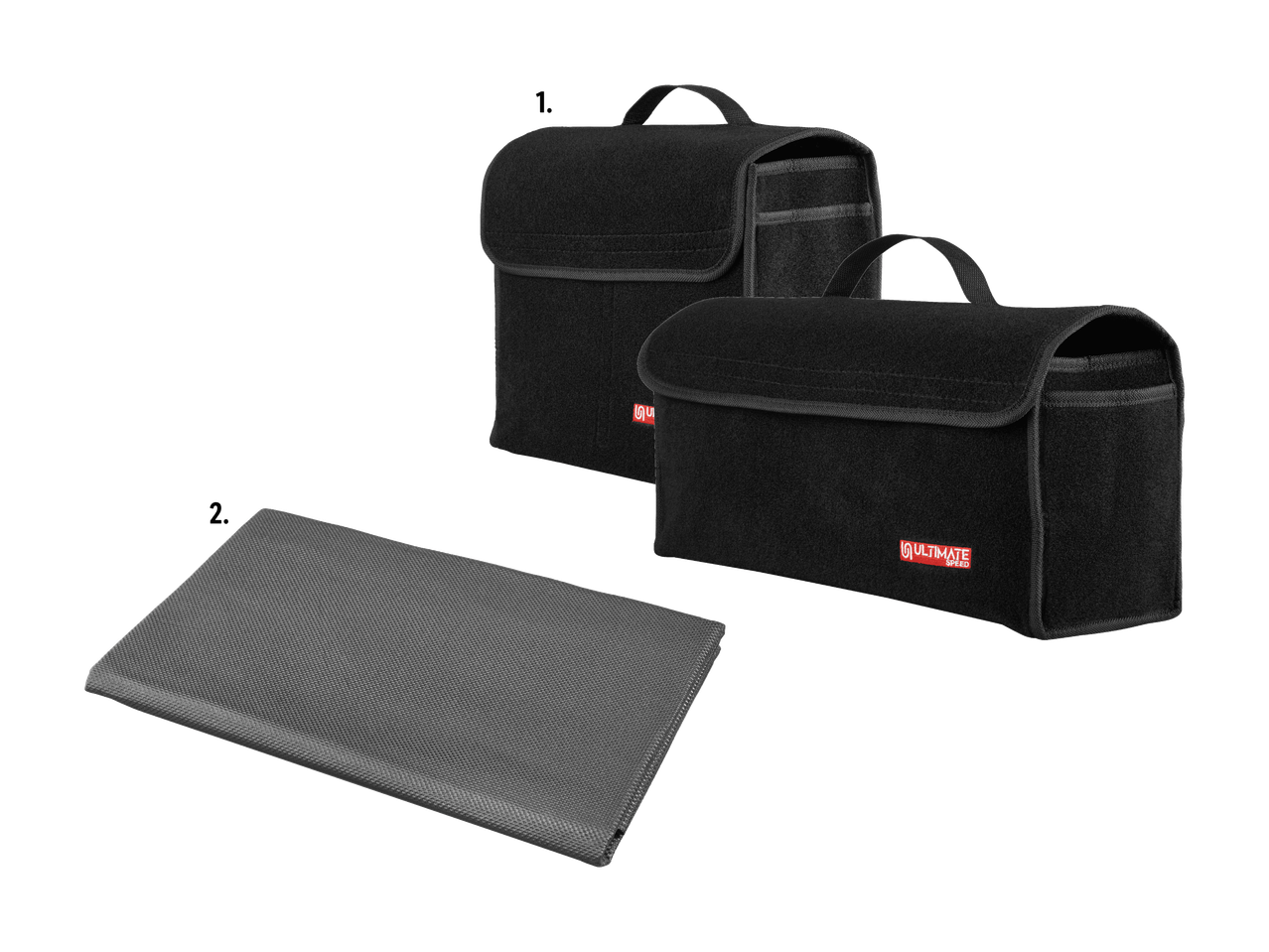 Zwei schwarze Kofferraumtaschen und eine graue Antirutschmatte auf schwarzem Hintergrund.