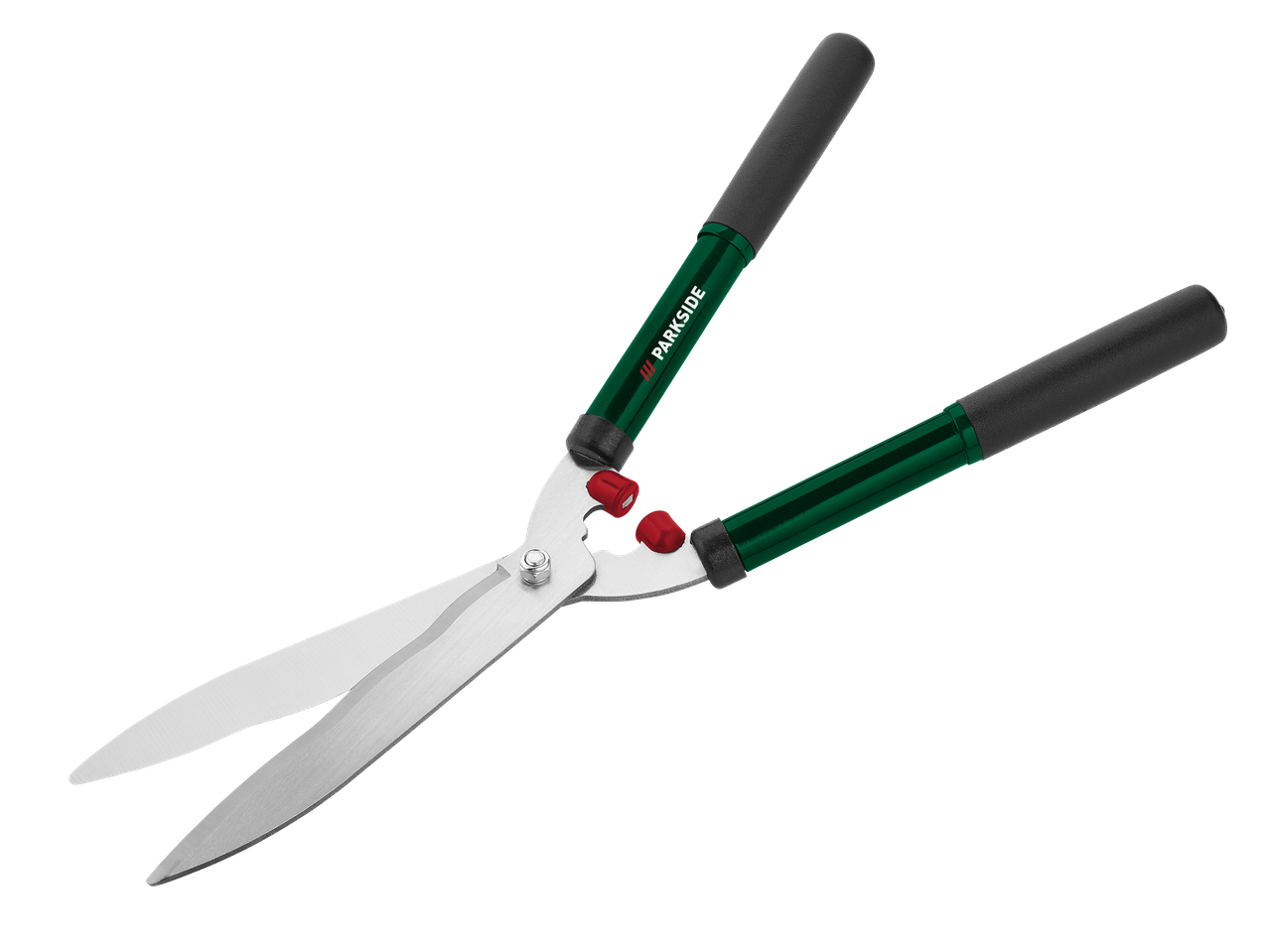 Hedge shears with green handles and black grips, blades slightly open, on a black background.