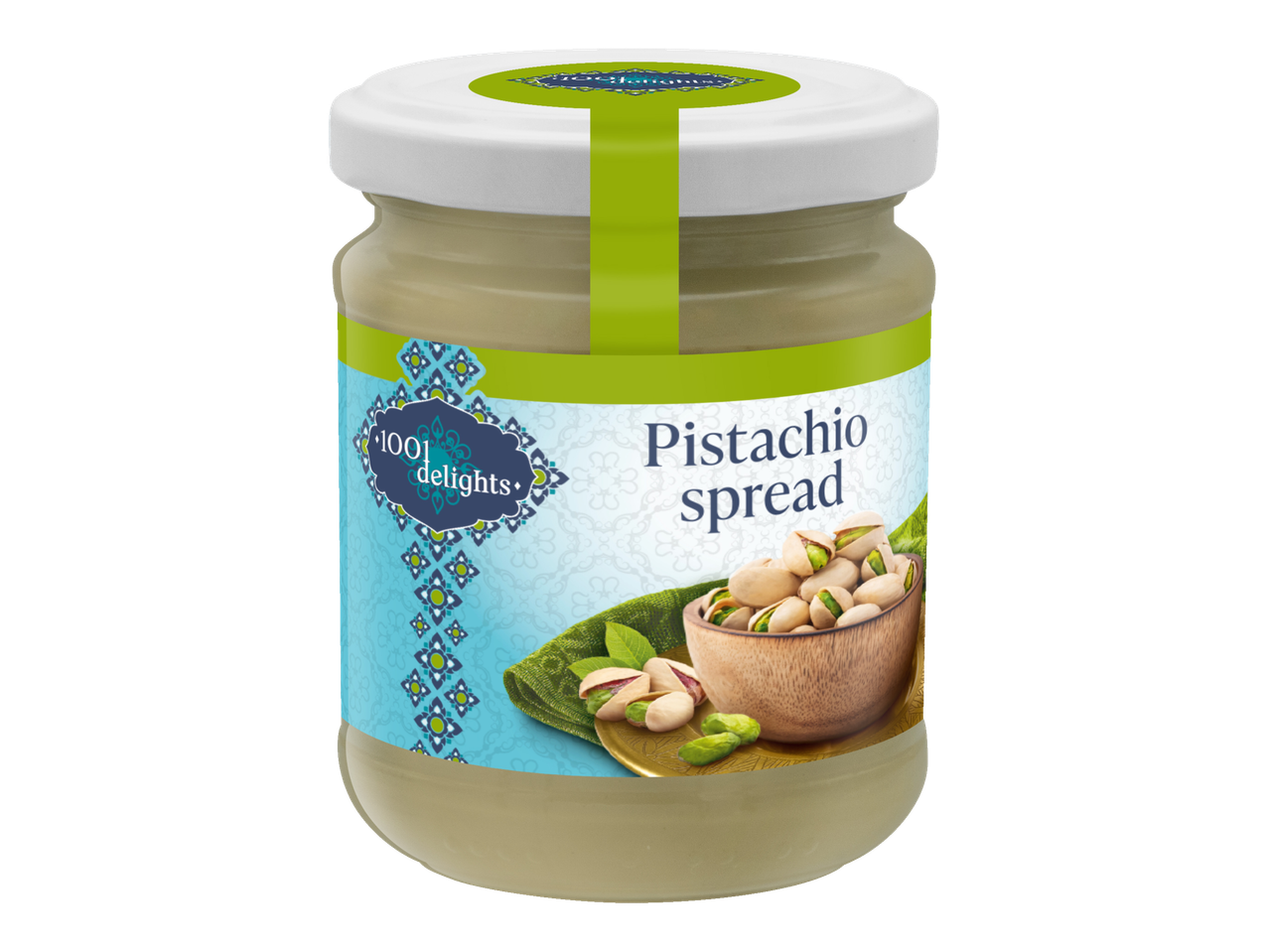 Borcan de cremă de fistic 1001 Delights cu etichetă albastră și verde, cu fistic în coajă.