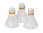 Three white plastic shuttlecocks with orange bands