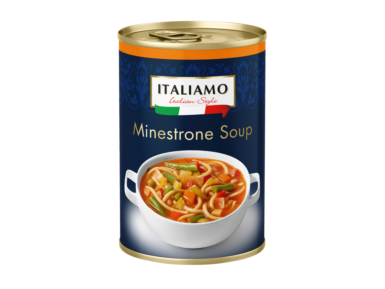 Супа минестроне Italiamo в консерва с италиански флаг и купа супа