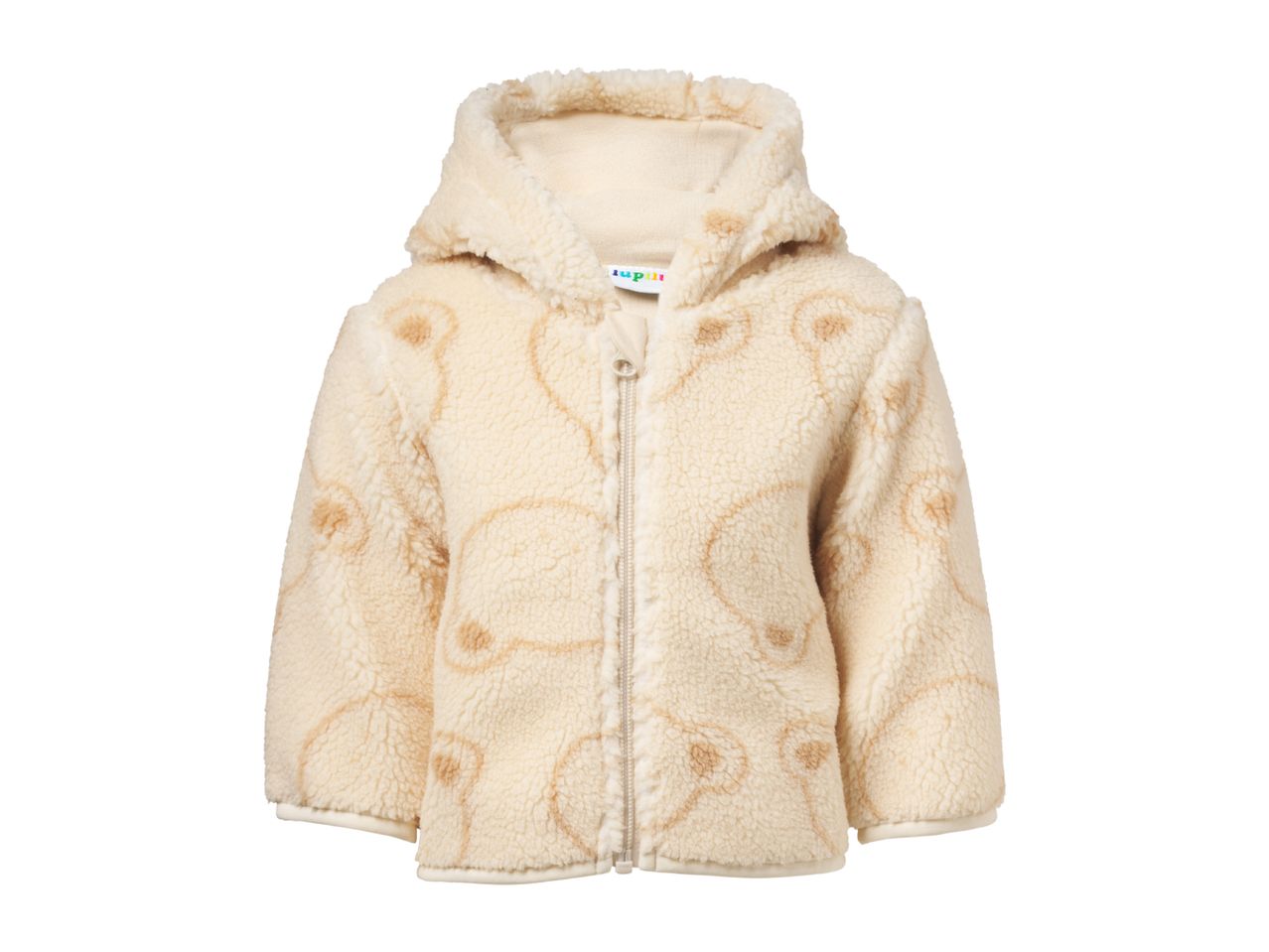 Cream-colored fleece jacket with a hood and a subtle pattern.