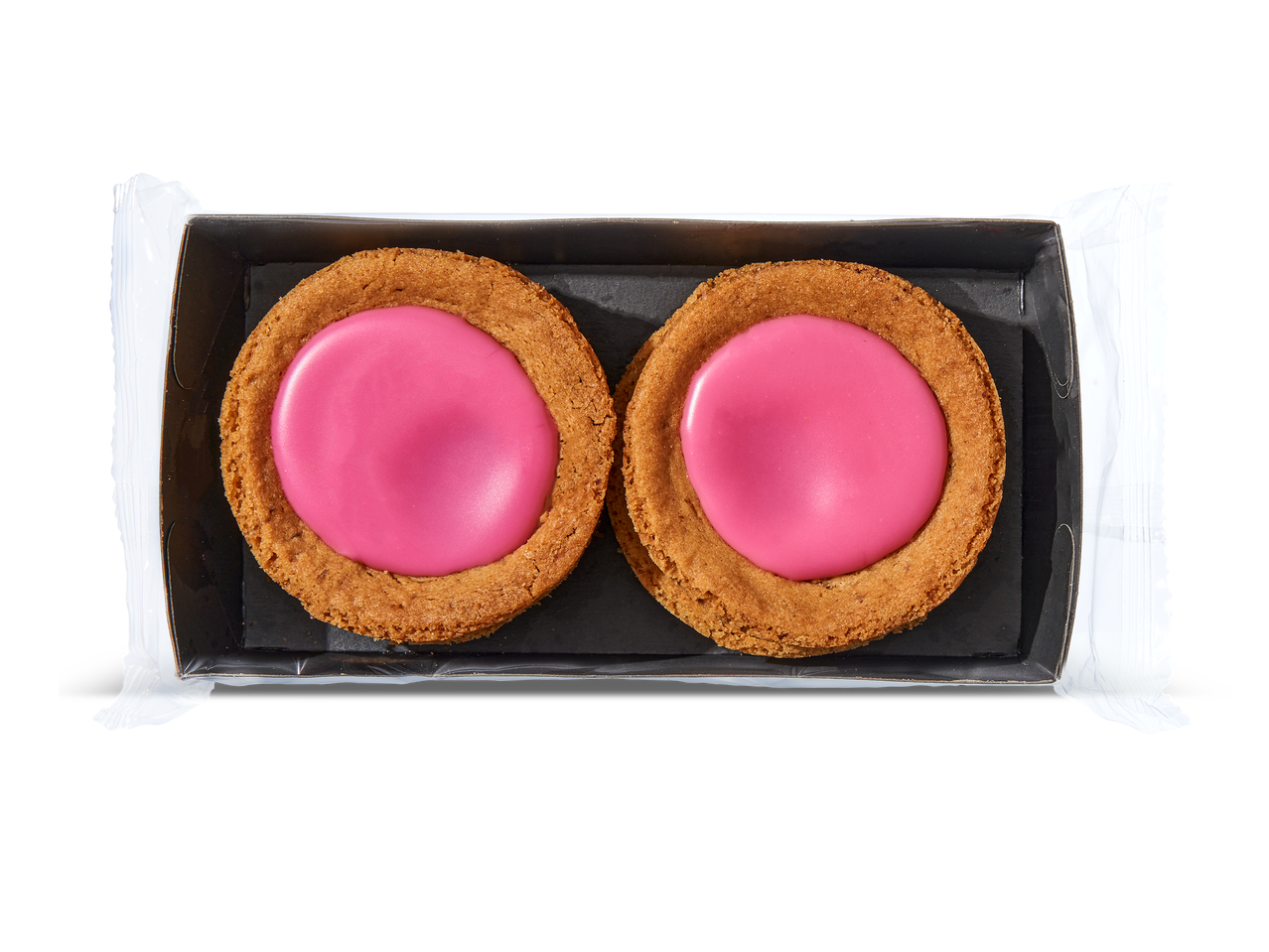 Twee roze koeken in een open verpakking, van bovenaf gezien.