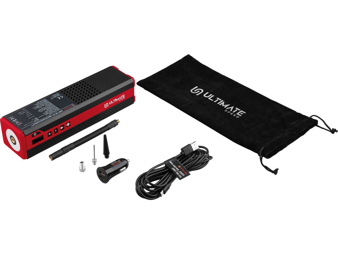 ULTIMATE SPEED® Portable Cordless Compressor with accessories and storage bag.