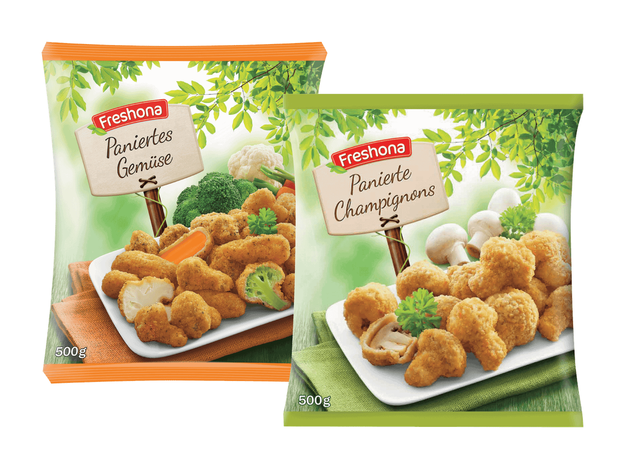 Zwei Packungen tiefgekühlter Gemüse-Snacks von Findus: Blumenkohl und Champignons.