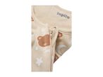 Beige baby sleepsuit with teddy bear, moon, and star patterns, featuring a zipper and a neck label.