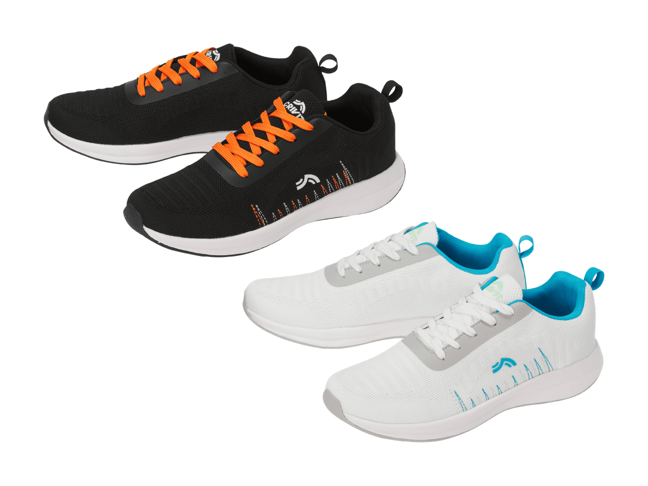 Deux paires de chaussures de sport, une noire à lacets orange et une blanche à lacets bleus.