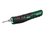 A green and black cordless soldering iron with a silver tip and a red button.
