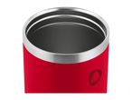Close-up of a red insulated tumbler with a silver rim, showing the dark interior.