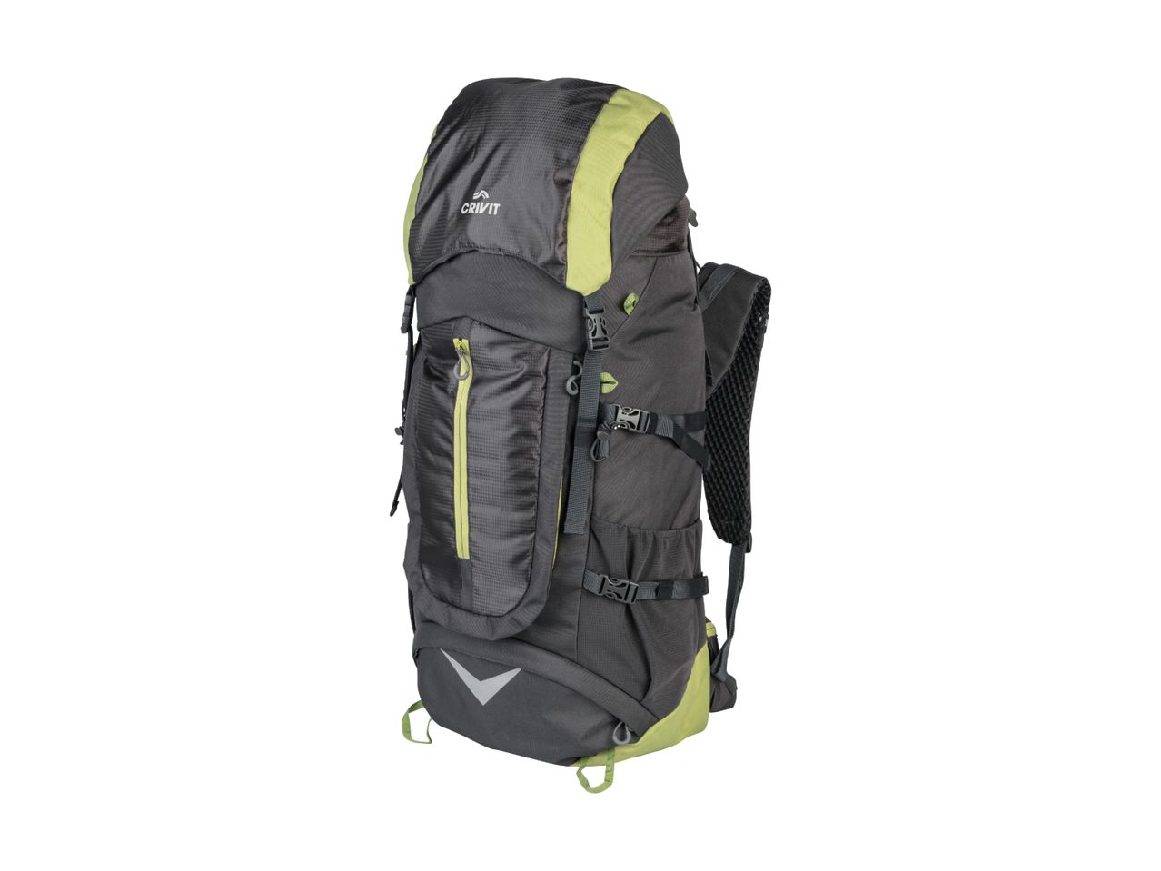 A grey and lime green Crivit hiking backpack with multiple straps and pockets.