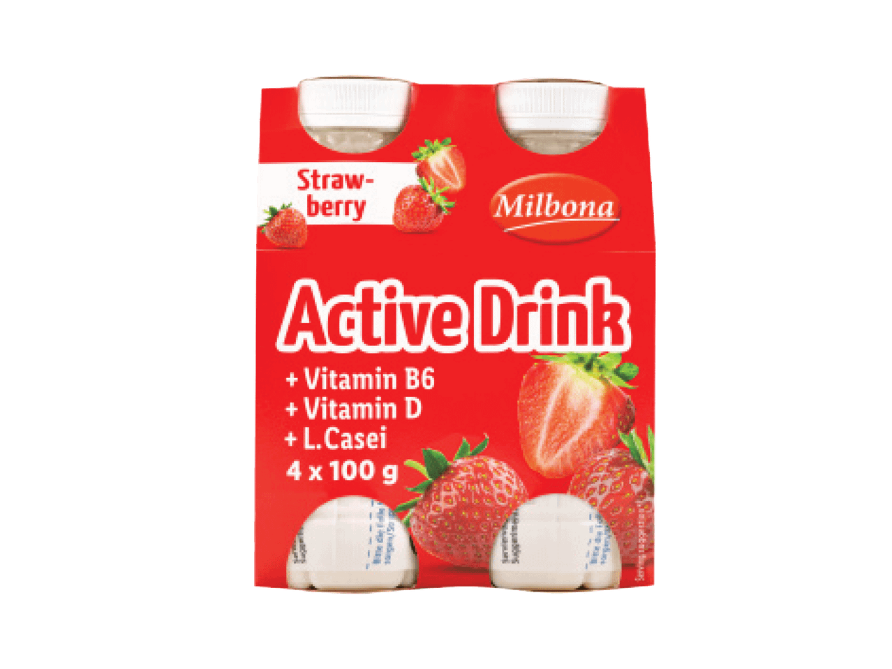 Milbona braškių skonio „Active Drink“ gėrimas su vitaminais B6, D ir L. Casei, 4 x 100 g pakuotė.