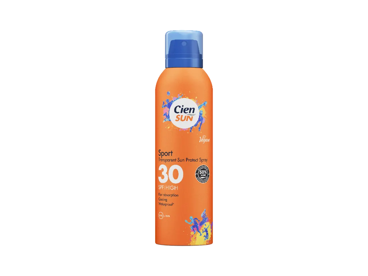 Narandžasti sprej za zaštitu od sunca sa SPF 30, pogodan za sportiste, vodootporan i veganski.