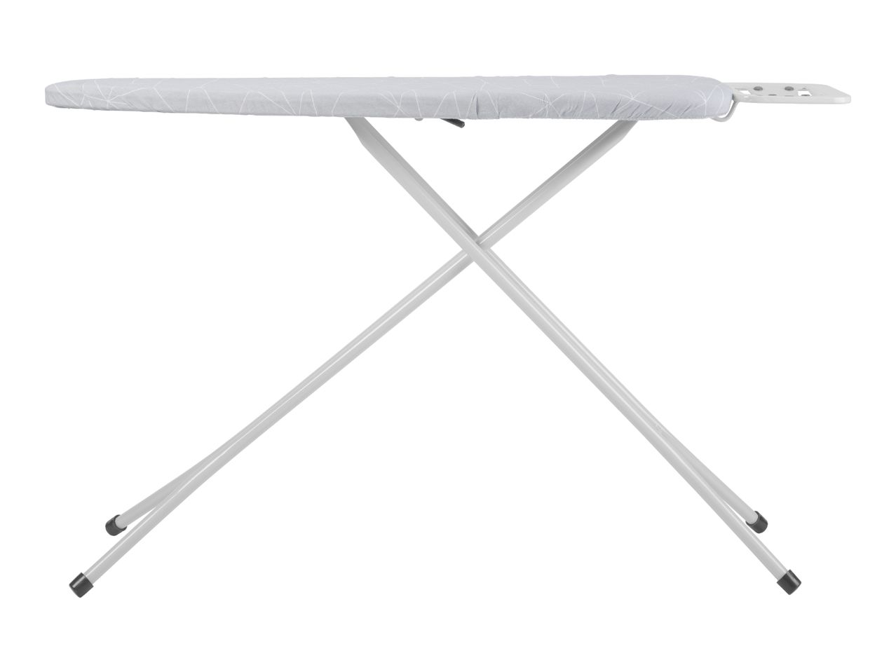 Light grey ironing board with a patterned cover and white legs