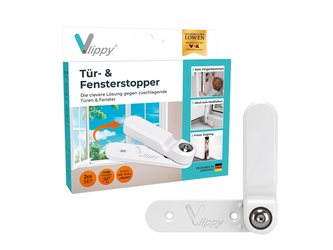 Vlippy: Weißer Tür- und Fensterstopper, verhindert Fingerklemmen und ermöglicht Stoßlüften.