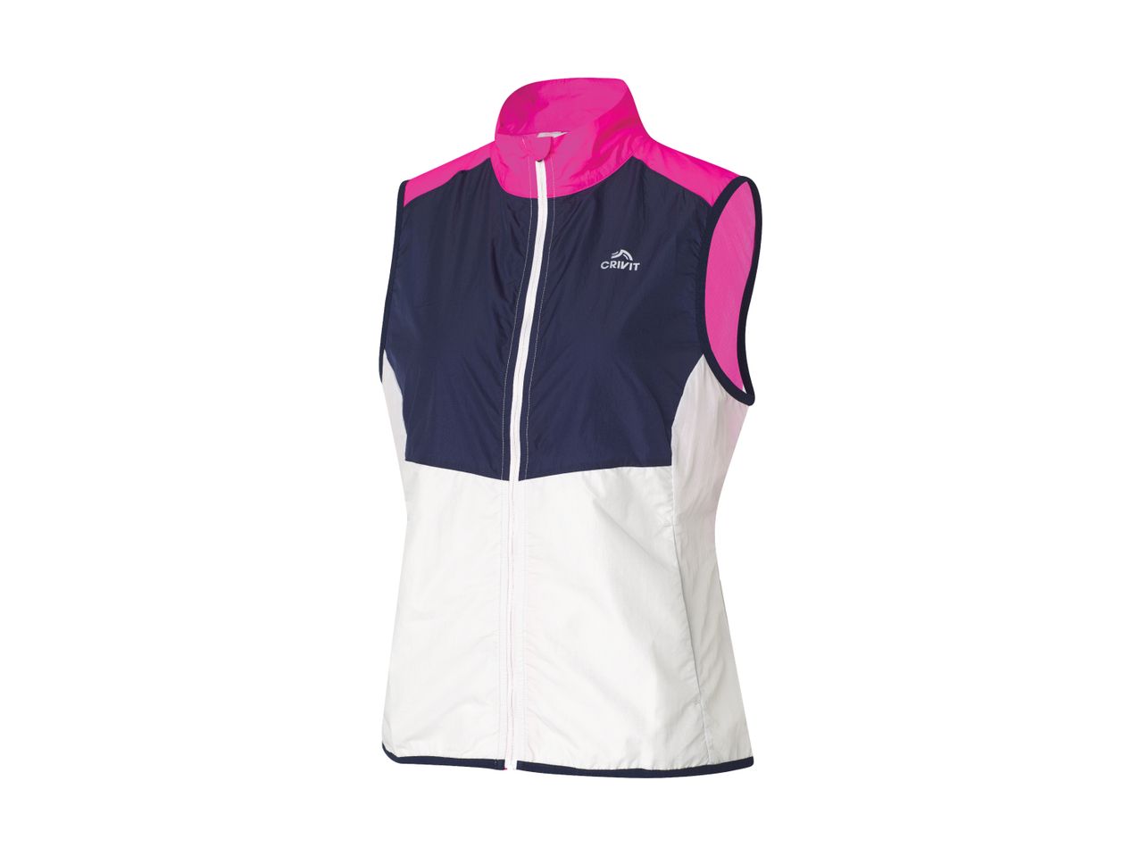 En Crivit løbevest til kvinder i navy, hvid og pink.
