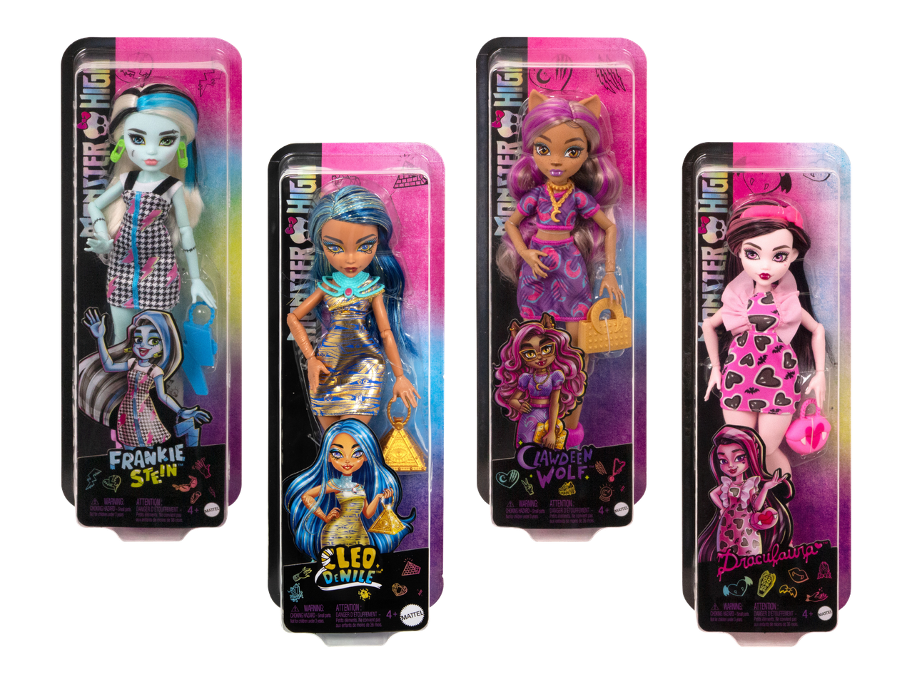 Neljä Monster High -nukkea pakkauksissaan: Frankie Stein, Cleo De Nile, Clawdeen Wolf ja Draculaura.