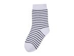 A single white sock with black horizontal stripes.