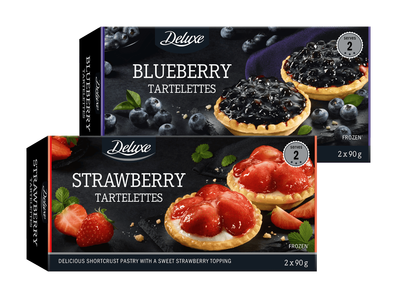 Zwei Packungen gefrorene Tartelettes: Blaubeer-Tartelettes und Erdbeer-Tartelettes.