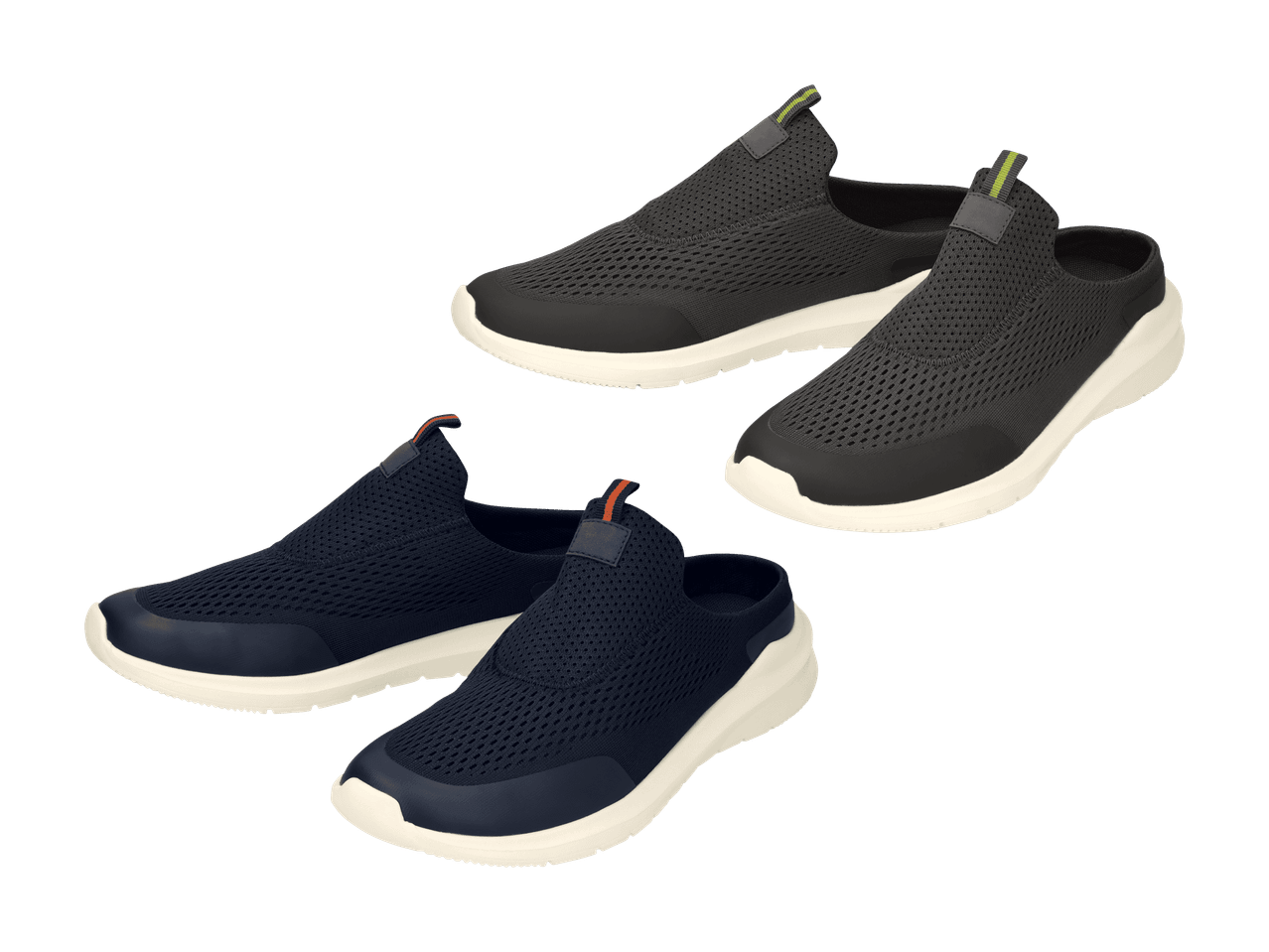 Deux paires de chaussures slip-on pour hommes, une gris foncé et une bleu marine.
