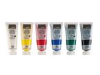 Six tubes of Crelado acrylic paint in white, yellow, red, blue, green, and black.
