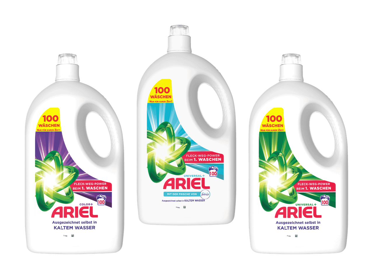 Drei Flaschen Ariel Flüssigwaschmittel, zwei Universal- und eine Color-Variante.