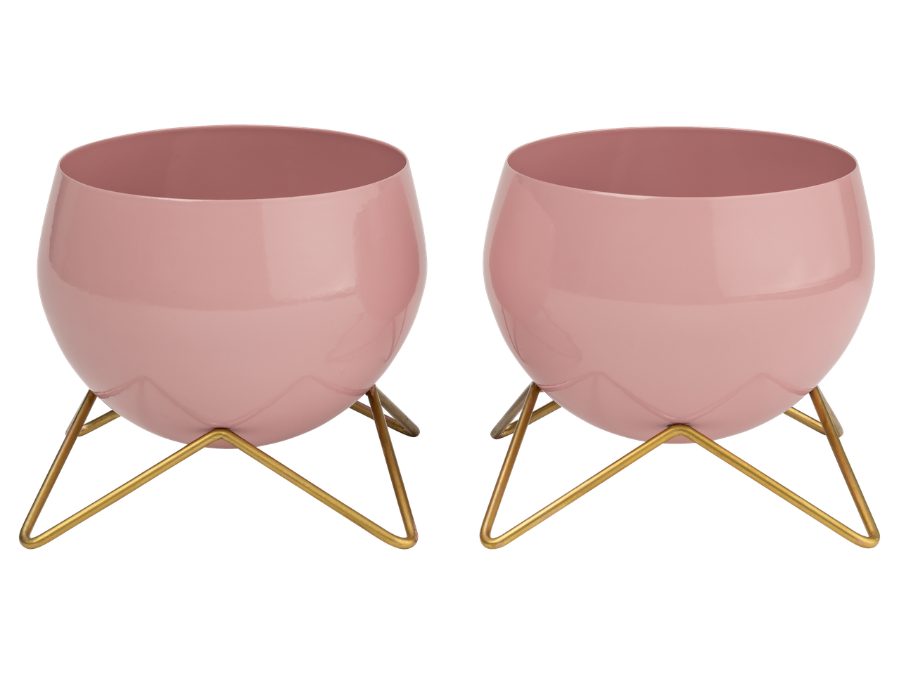 Dois vasos de flores rosa com suportes de metal dourados