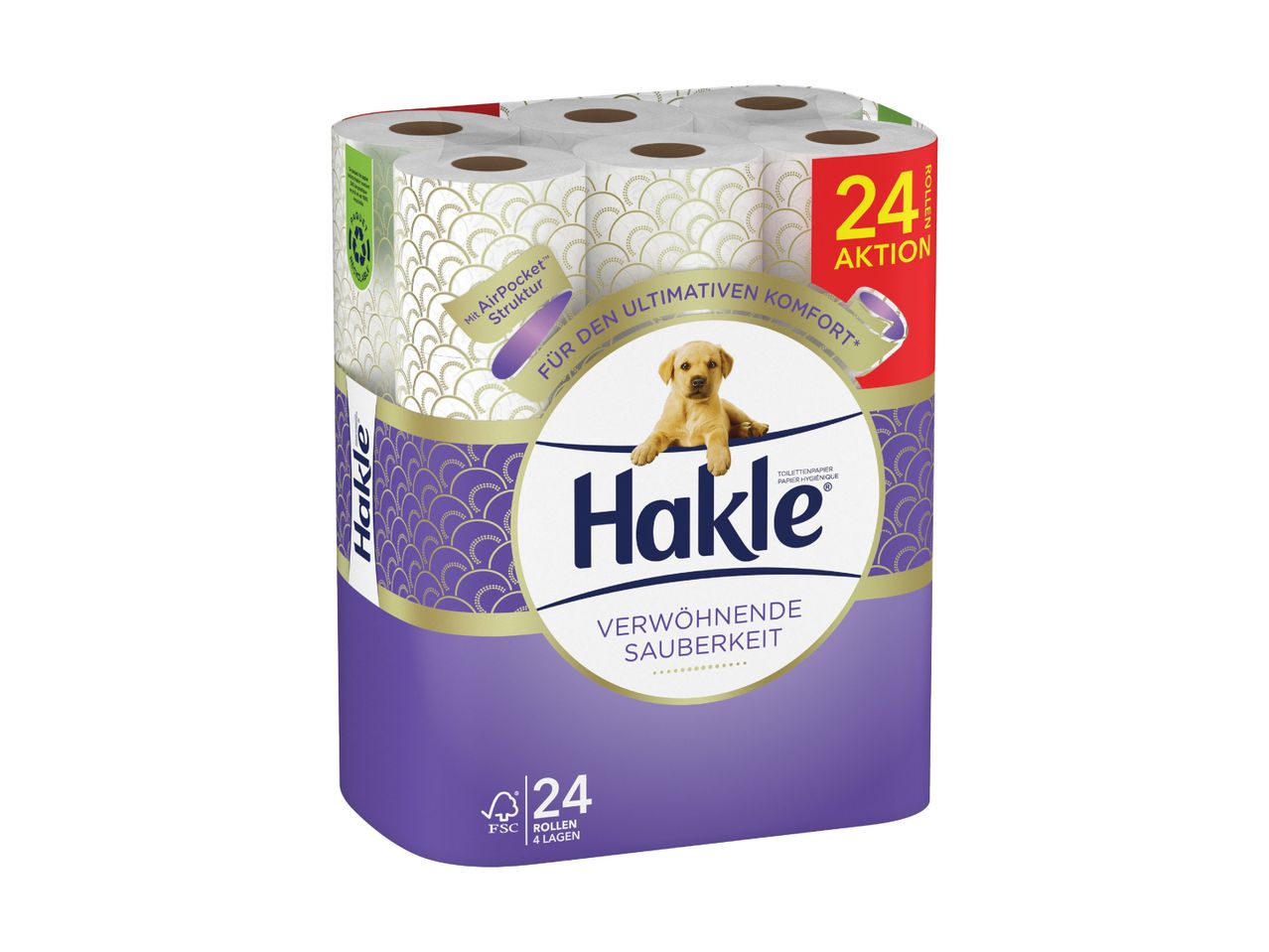 24 Rollen Hakle Toilettenpapier, 4-lagig, mit AirPocket-Struktur für höchsten Komfort.