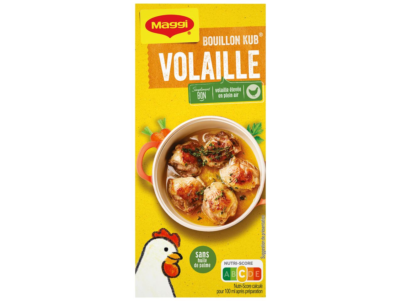 Maggi Bouillon Kub Volaille avec poulet et légumes, sans huile de palme.