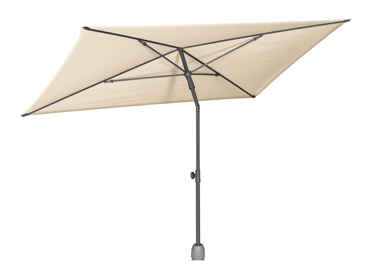 Beige rectangular patio umbrella with a dark grey pole and frame, viewed from below.