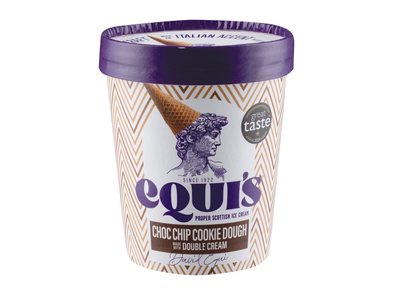 Ice cream tub with a purple lid, featuring a classical bust, waffle cone, and text 'Choc Chip Cookie Dough'.