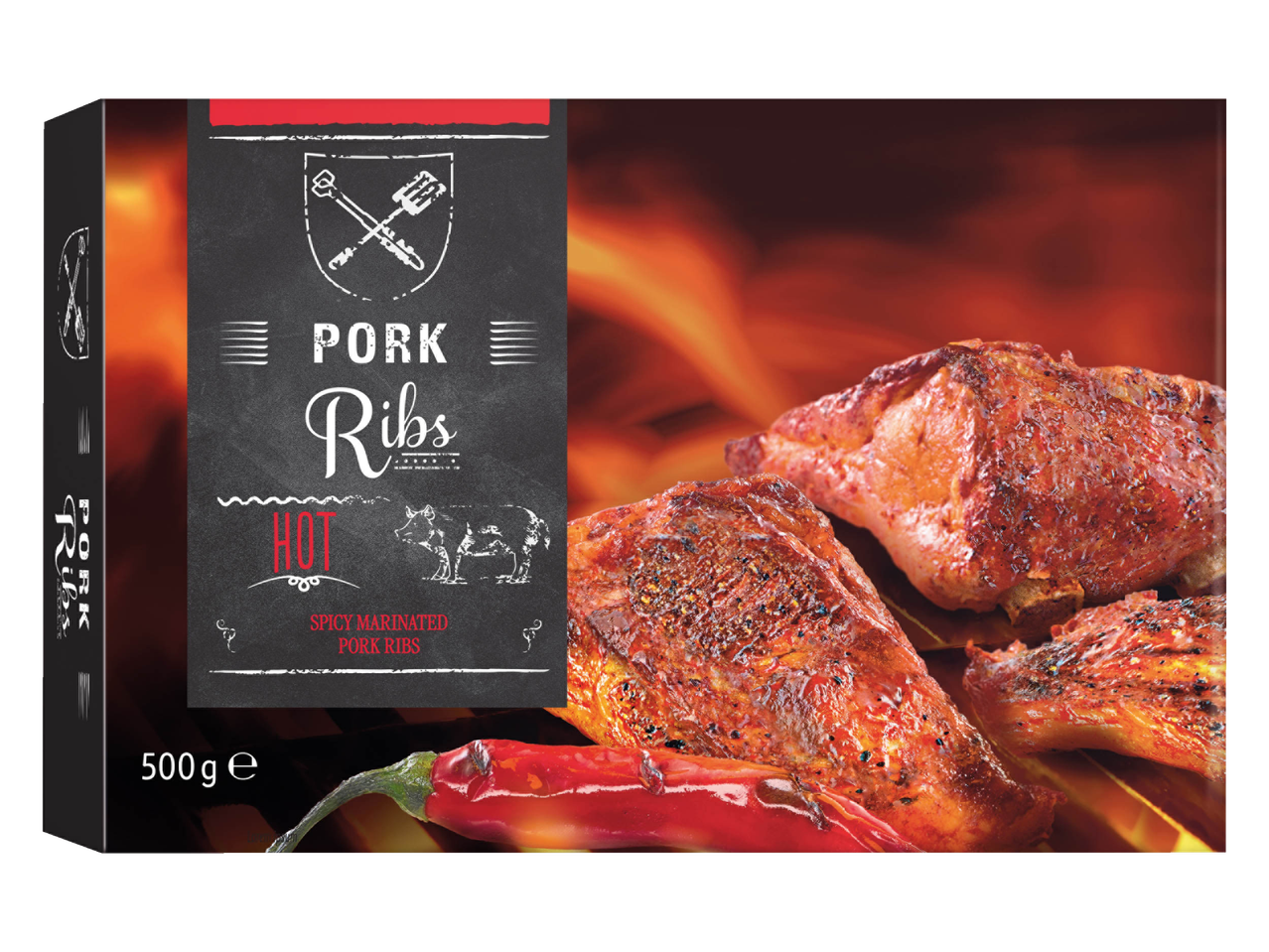 Emballage de travers de porc Culinea avec des côtes grillées et un piment rouge.