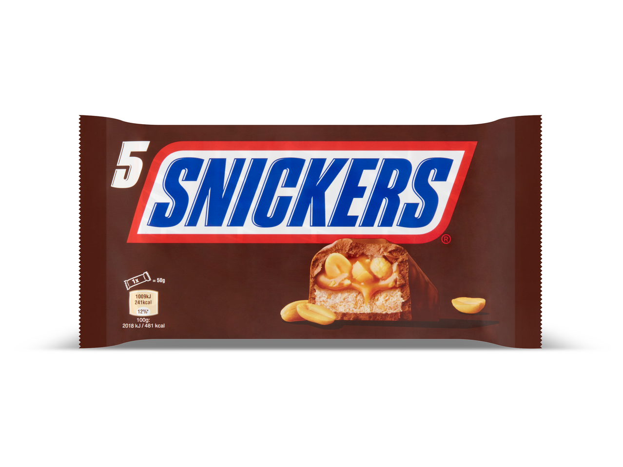 Verpakking van 5 chocoladerepen met pinda's en karamel, met voedingswaarden.