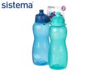 Two plastic water bottles, one blue and one teal, with a packaging card showing a '2' and 'HYDRATE'.