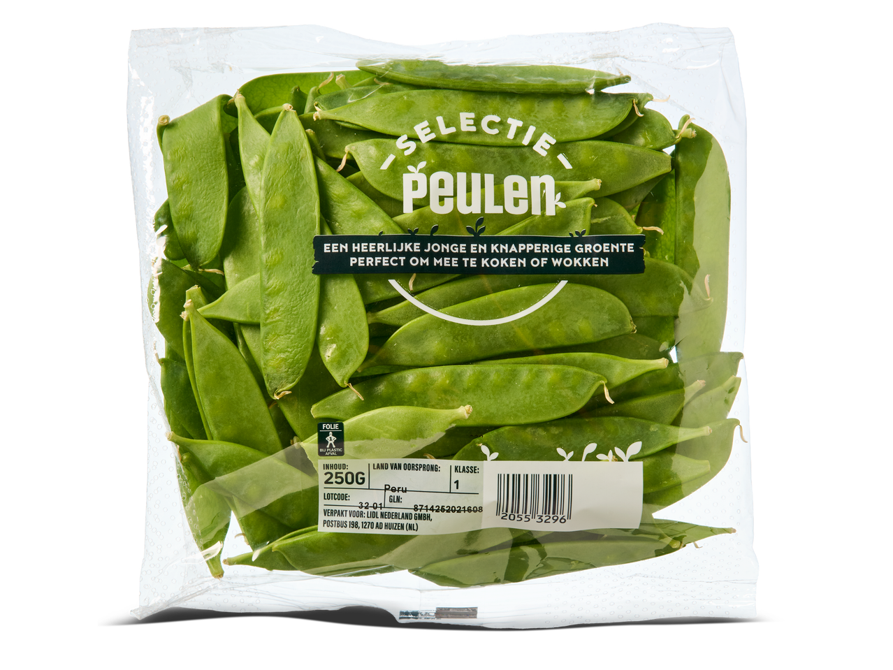 Verpakking met verse peulen, met productinformatie en barcode.