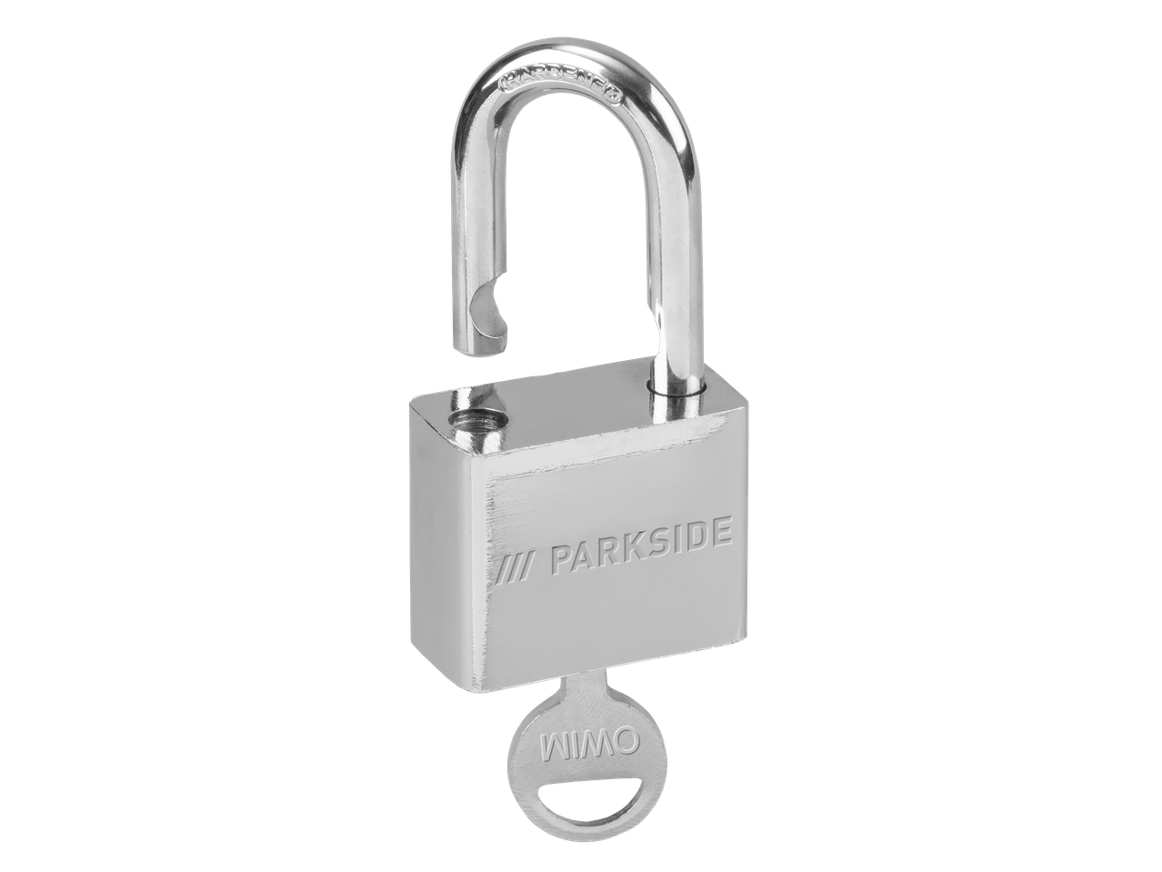 Cadeado Parkside prateado com manilha aberta e chave WIMO.