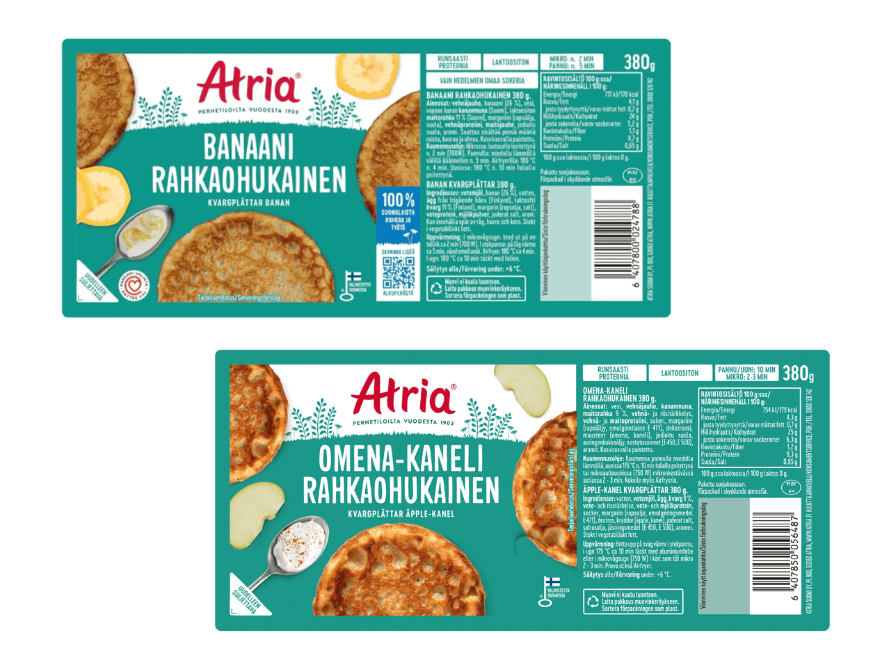 Kaksi pakkausta rahkaohukaisia: toinen banaaninmakuinen ja toinen omena-kanelinmakuinen.